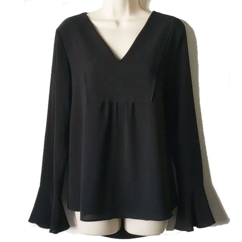 Calvin Klein Trumpet Sleeve V-Neck Blouse L Bell Black Lined